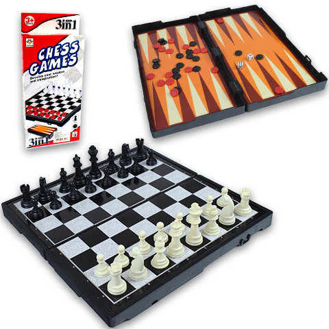 3-in-1 Kunststoff-Schachbrett mit Schach- und Damespielsteinen