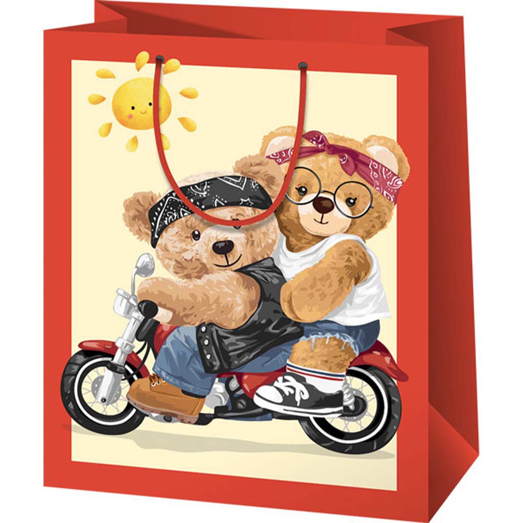 Bärenfamilie auf Motorrad gemusterte mittelgroße Geschenktasche 18x10x23cm