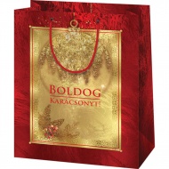 Exklusive Geschenktasche in mittlerer Größe mit der Aufschrift "Frohe Weihnachten", in Gold-Rot, 18x10x23cm.