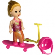 Katie: Sandra Puppe mit pinkem Skateboard, Roller und Helm, 10 cm