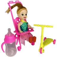 Katie: Sandra Puppe mit rosa Kinderwagen, Roller und Fläschchen 10cm