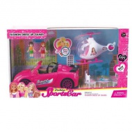 Pink leuchtendes Sportwagen-Set mit Hubschrauber und Zubehör.