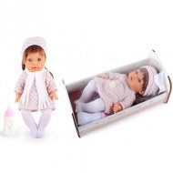 Puppenbaby mit Pipi-Funktion in kariertem Kleid mit Geräusch und kleinem Bett, 30 cm