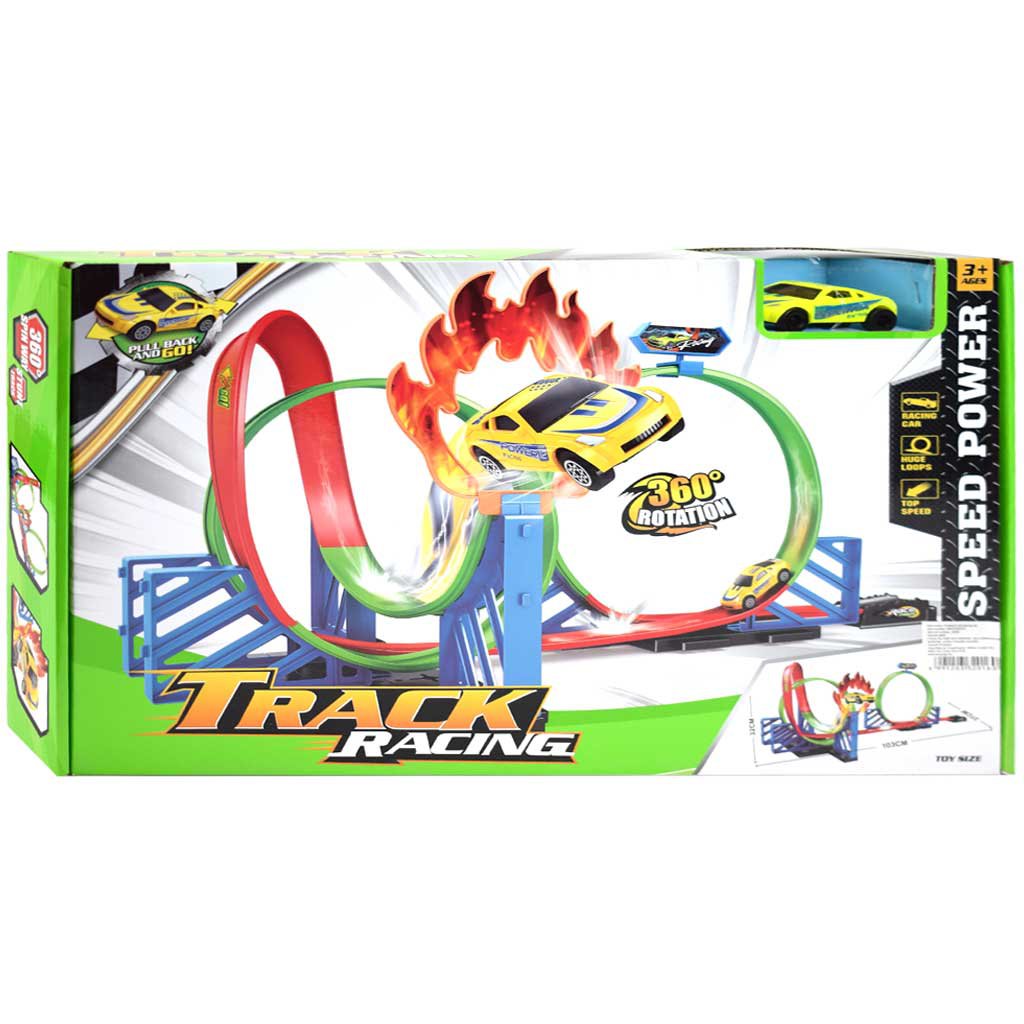 Track Racing: Brennende Rennstrecke Set mit 2x 360-Grad-Schleifen und 1x Auto 1/64