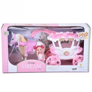 Traumkutschenset mit Pferd und 7,5 cm großer Puppe in Pink-Weiß.